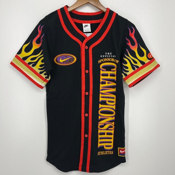 Nike Americana Baseball Jersey Men's Size XS Black Championship Flames New NWT - Picture 1 of 12